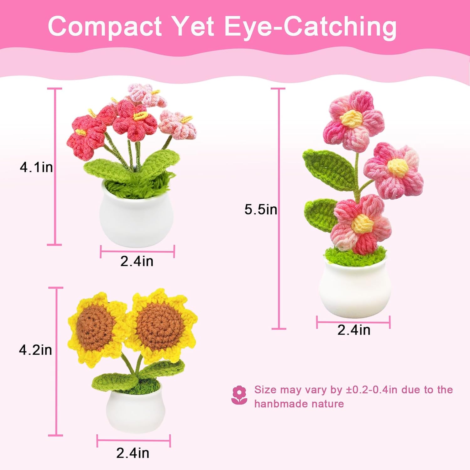 3pcs Crochet Flowers Cute Potted Flower,Mini Flower Bouquet for Mom Wife, Cute Desk Decor for Women,Artificial Handmade Flowers for Car Dashboard,Home Office Decoration (Color#1) - Image 3