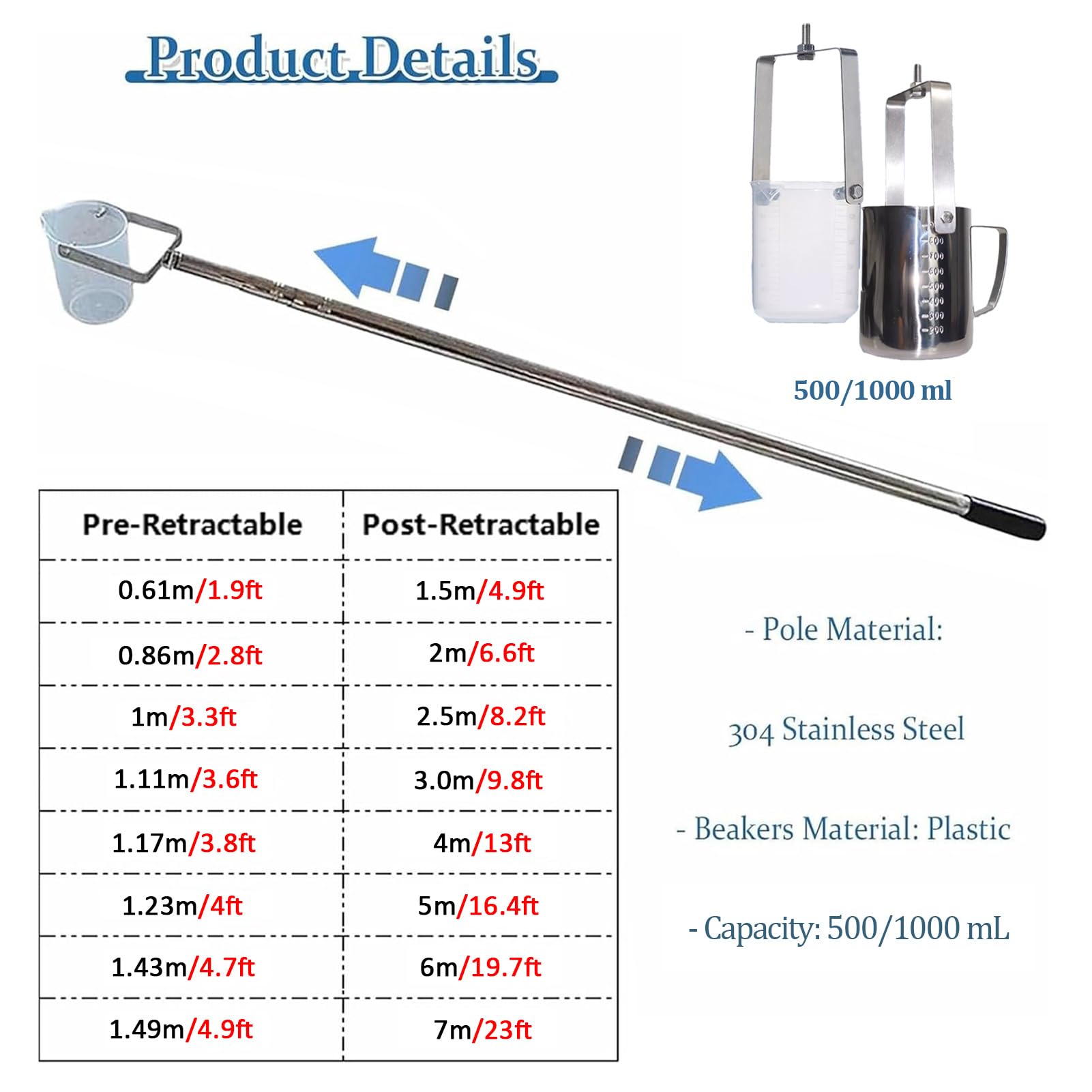 ExtendableWater Sampler Pole 1.9ft23ft con 500ml/1000ml Dipper per acqua ing Envirntal Monit Lab Campionamento Quali Strumento di analisi