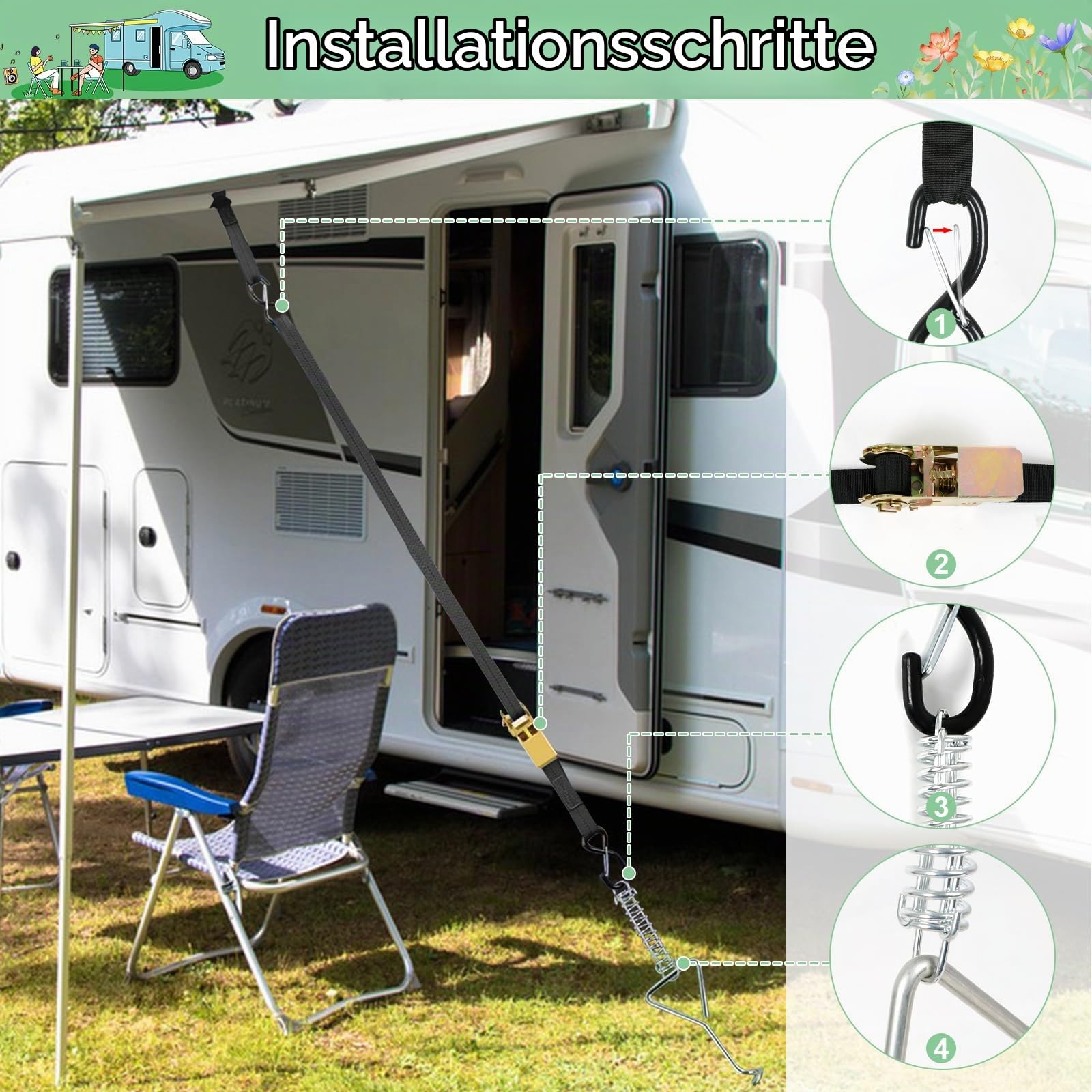 thule sackmarkise zubehör Sturmband Markise Set für Omnistor, Sturmsicherung für Markise und Vorzelt, Wohnmobil mit Camping Sturmbänder, Ratsche, Pufferspannfeder Größe:8b Dachtraeger VW T6.1 - certificate_free-range