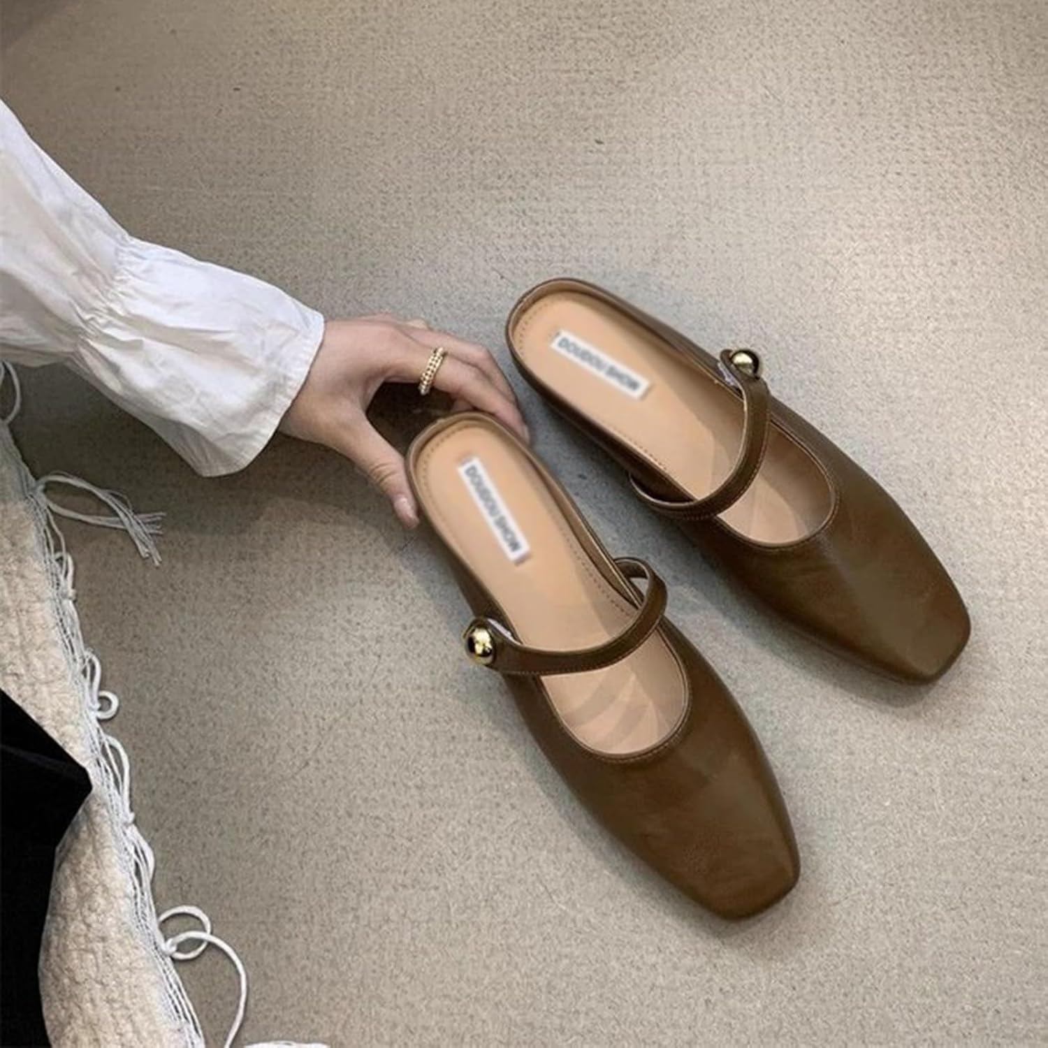 Women's Leather Pearl Closed Toe Mary Jane Flat Mules Fashion Square Toe Soft Sole Comfortable Slip on Backless Flats Casual Office Dressy Sandals Walking Shoes Mules - Image 5