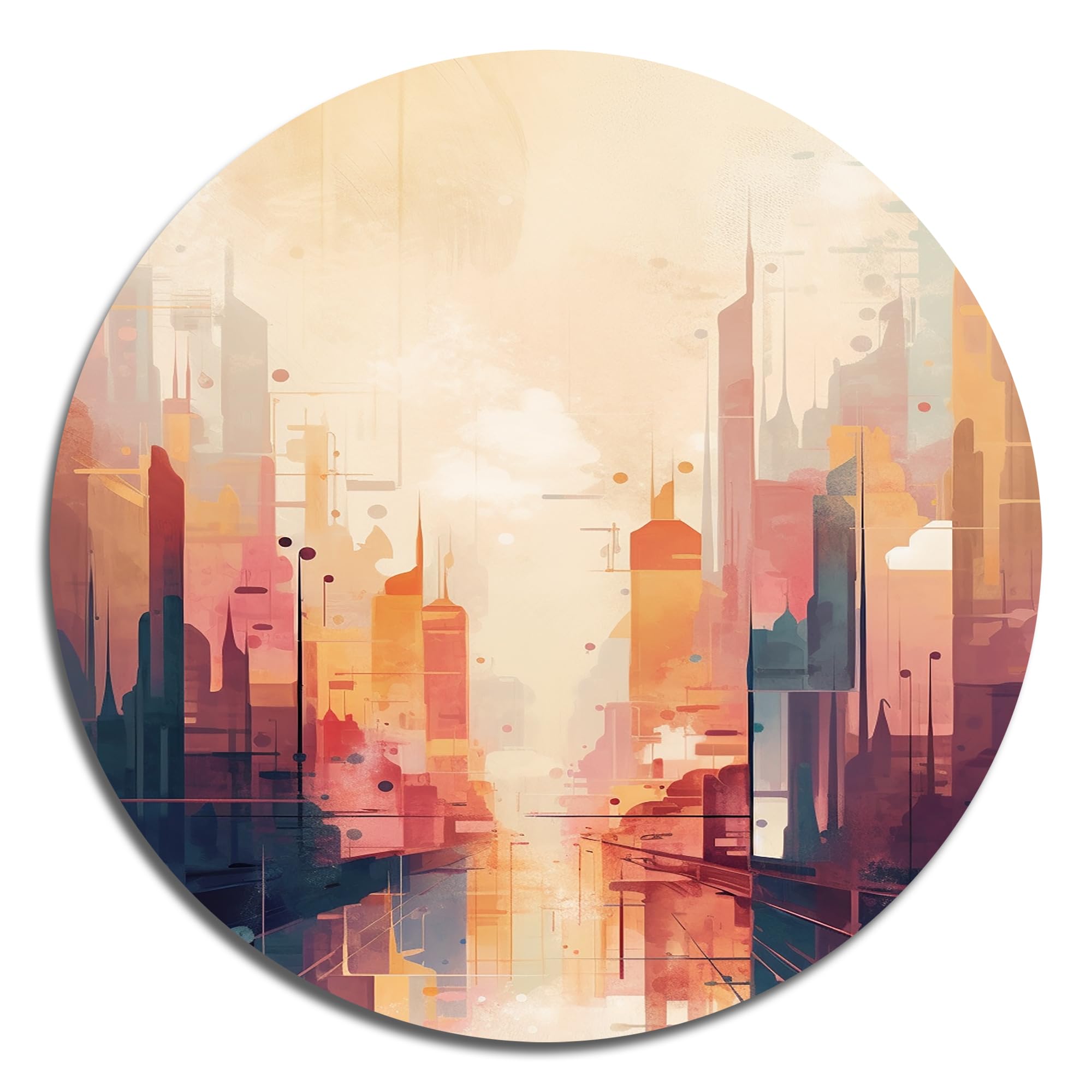 DesignQ Round Metal wall art, Cubism Cityscape Modern I - Metal Wall Art For Living Room, Round wall decor, Modern Metal Round Art, Large Round Wall Art