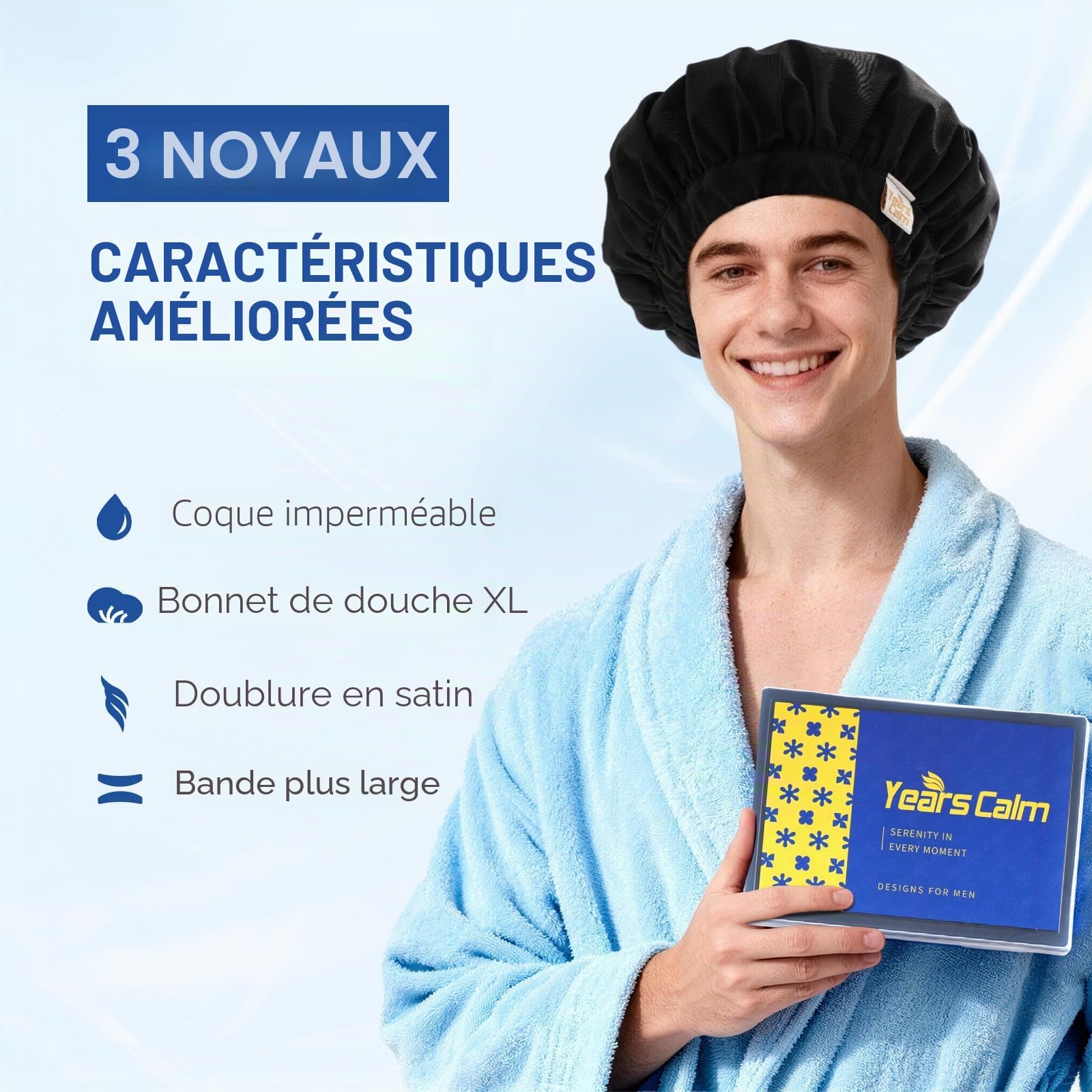 Years calm Bonnet de douche pour homme imperméable et réutilisable – Design tendance double couche, bande élastique réglable pour cheveux longs et bouclés, bonnet de bain et spa XL pour voyage, doublé