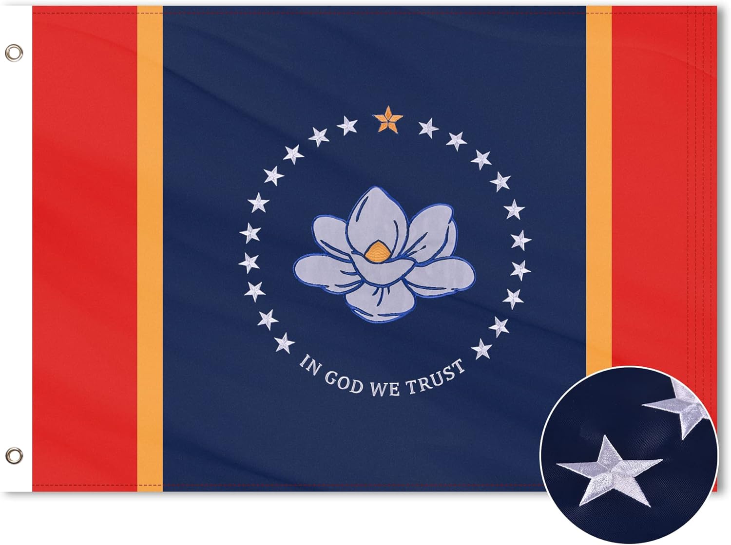 Mississippi State Flag 4x6 Ft, Deluxe Full Embroidered Heavy Duty Polyester Durable MS Outside Flags, Indoor/Outdoor, Sewn Stripes and Brass Grommets