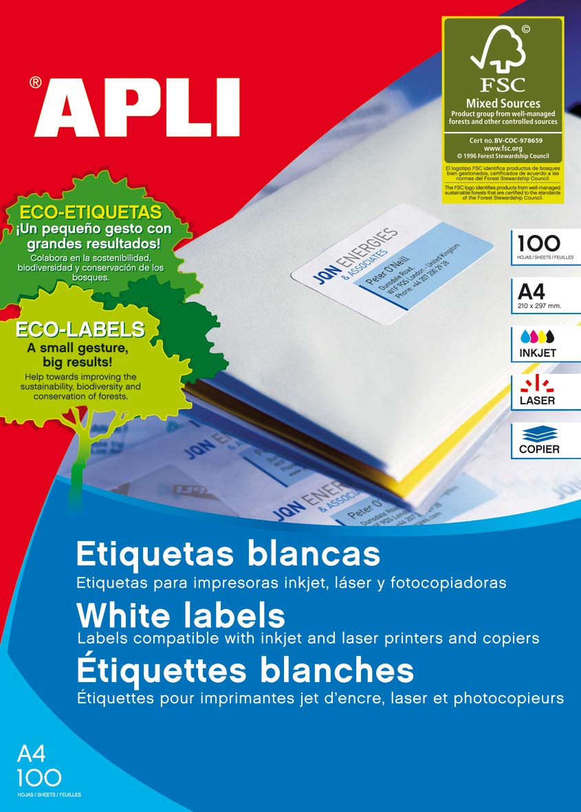 APLI 2416 Box Sheets Labels Polyvalent 63.5 x 72 mm White