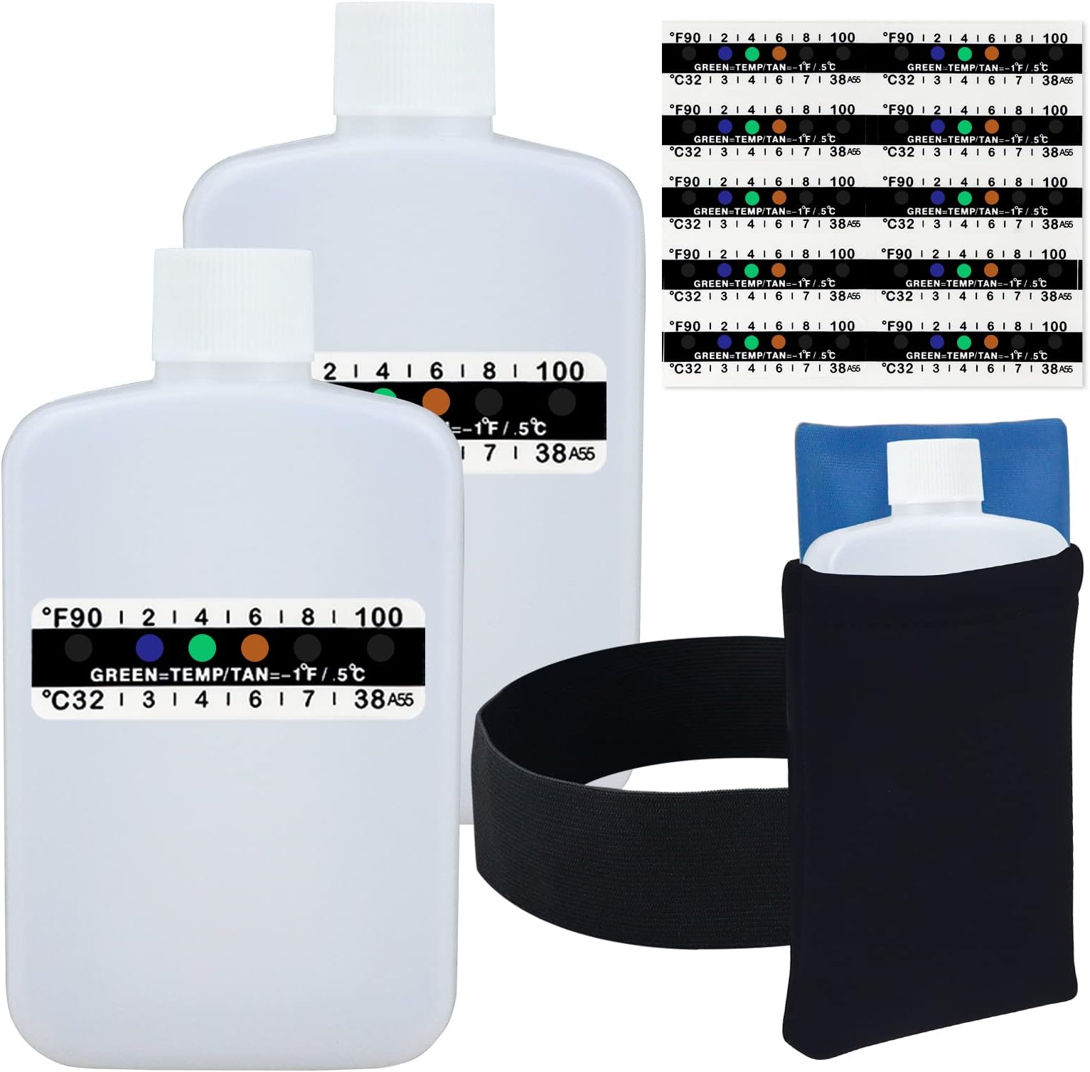 14 Pcs Urine Test Complete Kit Includes 2 White Portable Empty Bottles, Thermal Preservation Gel Bag, 10 Adhesive Temperature Test Strips, Neoprene Bag and Hi-Stretch Hidden Leg Straps, Urine Bottle