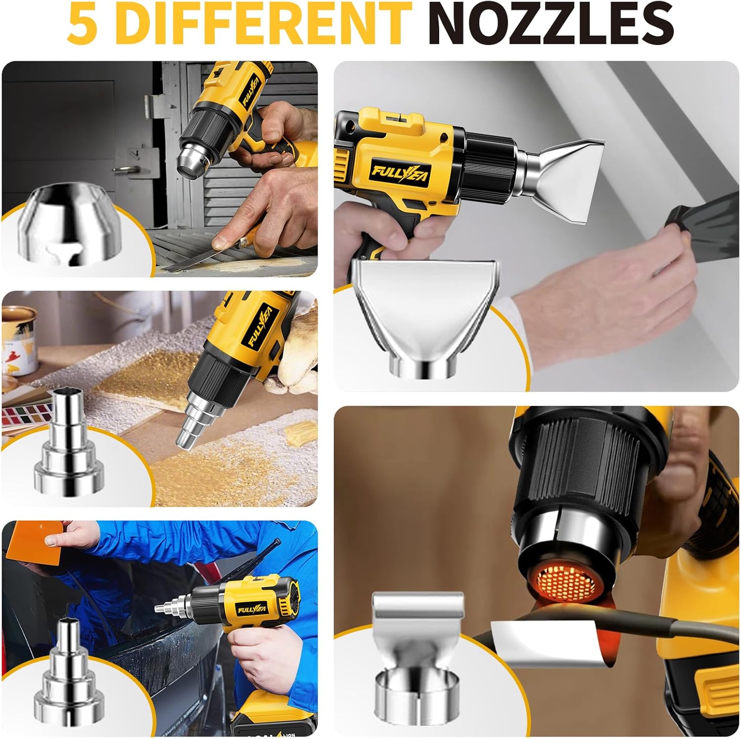 Cordless Heat Gun, 300℃-550℃ Fast Heating Gun Kit, 2 Temperature Setting Cordless Heater, Hot Air Gun with 2*4.0Ah Batteries & 5 Types Nozzles, Heat Guns for Shrink Tubing, Crafting (Yellow)