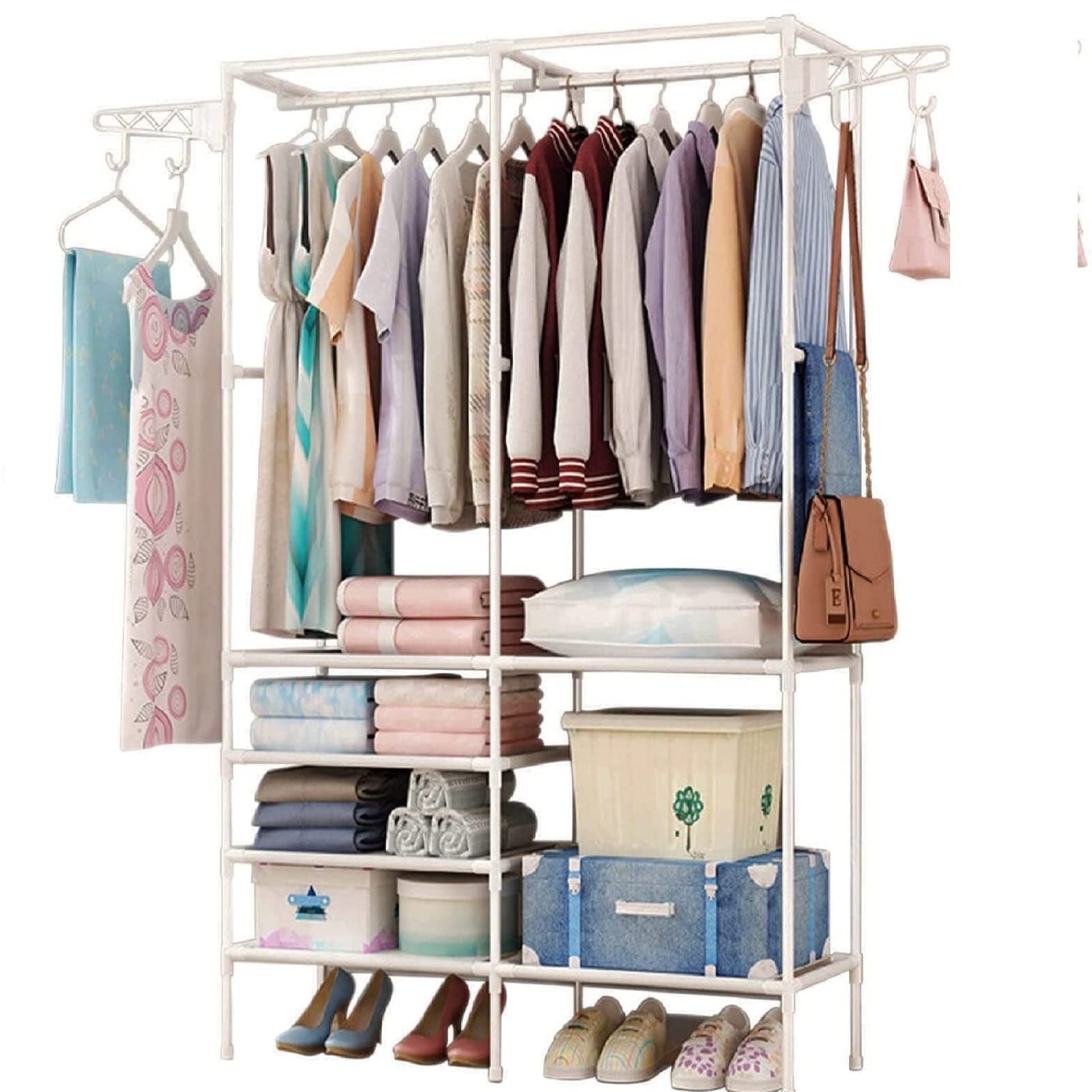 YORKING Clothes Rails Heavy Duty Garment Rack Hanging Rack Black Coat Display Stand Open Storage Wardrobe with 4 Hangers Hooks 6 Tiers Shoes Organizer Shelf for Living Room Bedroom White โ image 1