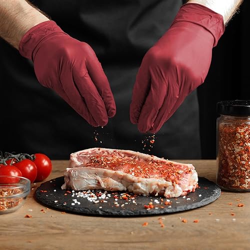 Miniatura 2 de Guantes desechables de nitrilo para examen, pequeños, caja de 50, color borgoña, sin látex, sin polvo, 3 mil, grado médico, seguros para alimentos,