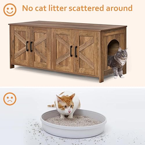 Miniatura 4 de Caja de arena para gatos para 2 gatos, muebles ocultos con habitación doble, muebles de madera para baño, casa para gatos, 47.2 pulgadas de largo x