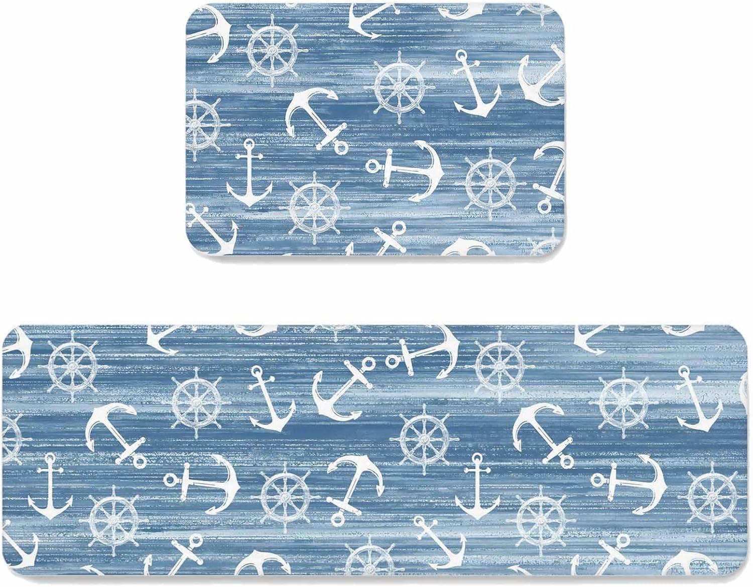 Summer Blue Ocean Kitchen Mat Set 2 Pieces Vintage Nautical Sea Watercolor Anchor Rudder Non Slip Kitchen Rugs Washable Runner Rug Mats for Floor Sink Laundry Office 23.6" x 35.4"+23.6" x 70.9"