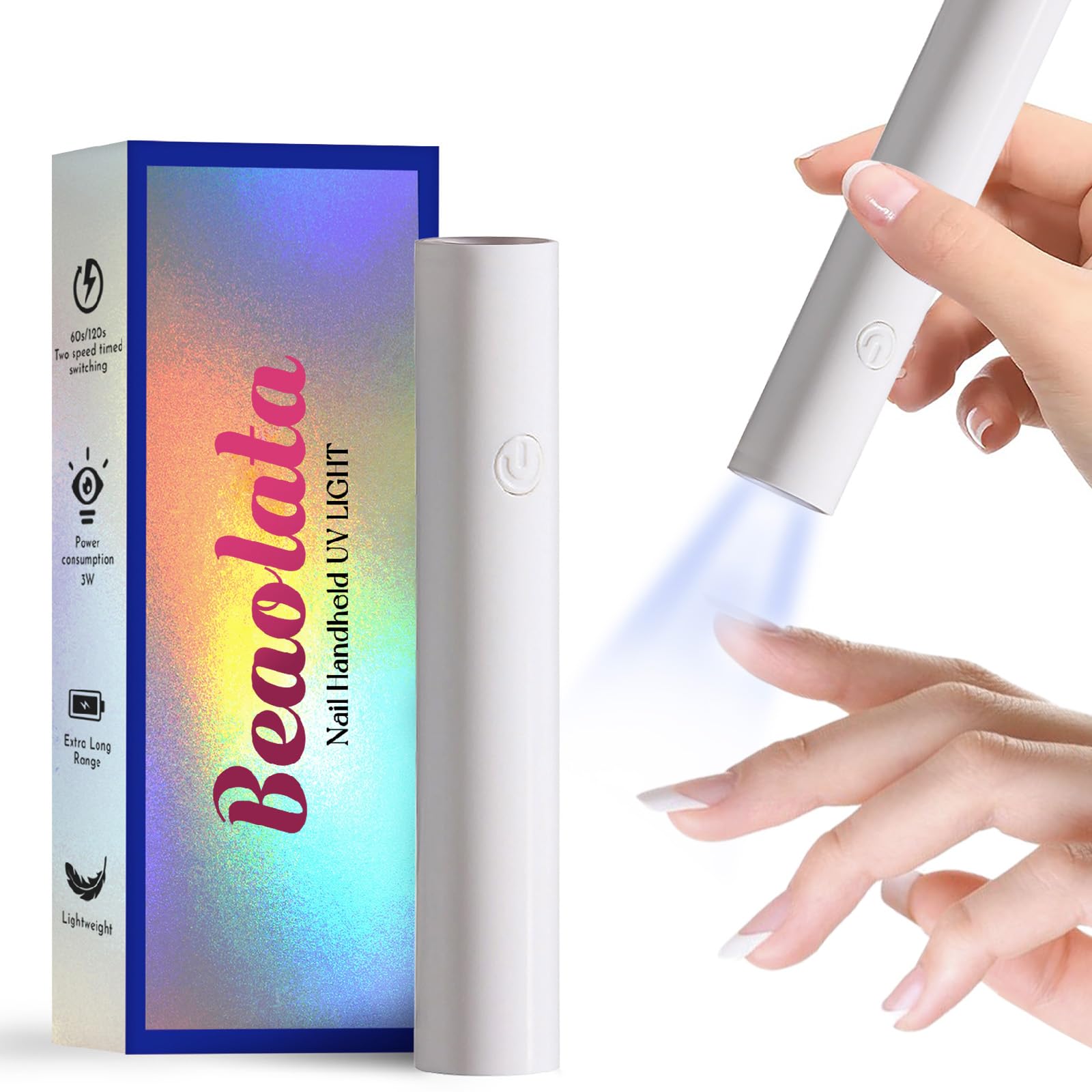 Beaolata Handheld UV Light for Gel Nails, 3W Mini UV Light for Nails, Rechargeable UV Led Nail Lamp Portable Cordless USB Nail Dryer for Fast Curing (White)