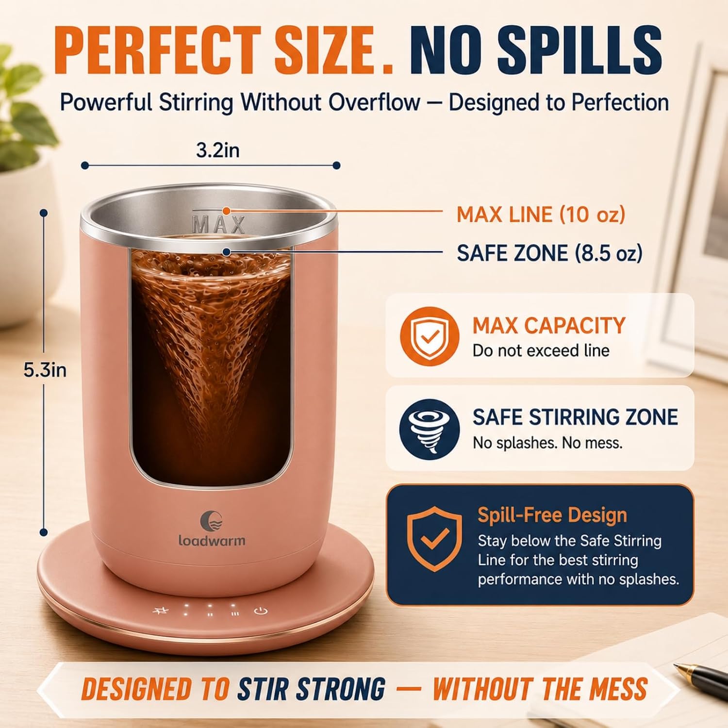 Self Heated Stirring Coffee Mug, 10oz Auto Mixing Cup with Warmer, Rose | 3 temp settings, food-grade stainless steel interior, 8-hour auto shut-off, plug-in desk mug with Warmer for office home