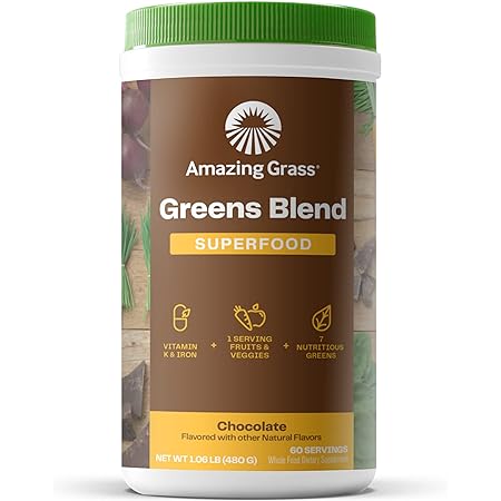 Amazing Grass Greens Blend Superfood: Super Greens Powder with Spirulina, Chlorella, Beet Root Powder, Digestive Enzymes, Prebiotics & Probiotics, Chocolate, 60 Servings (Packaging May Vary)