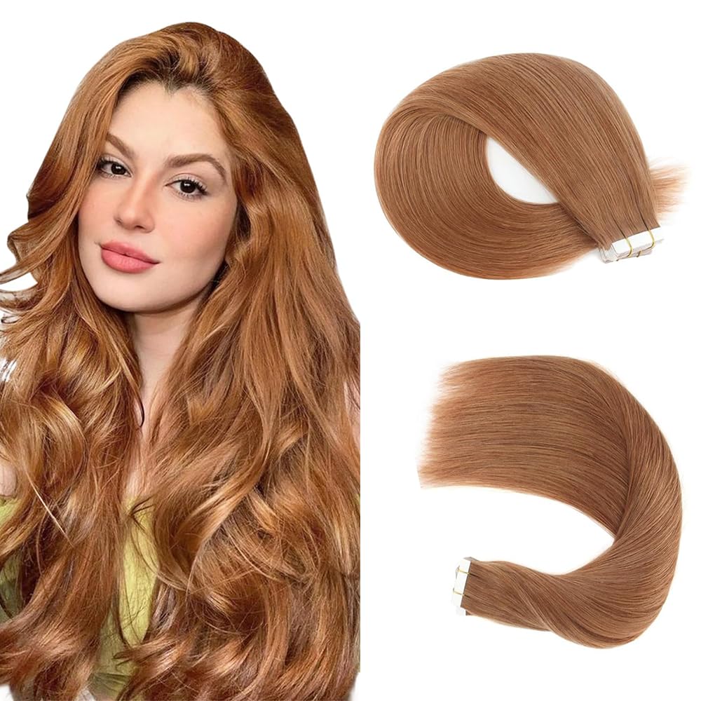 Photo 1 of 18 Inch #30 Brown Tape in Extensions Human Hair Light Brown Straight Tape ins Hair Extensions Real Hair Skin Weft Seamless Invisible Remy Hair 45g 20Pcs.