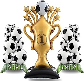 Decoración Fiesta Fútbol 2026 – Globo Gigante Trofeo Autónomo 150 cm con 2 Globos Balón de Fútbol de Pie 98 cm – Decoración para Fiesta Temática, Zona Fan, Noche de Partido y Torneo