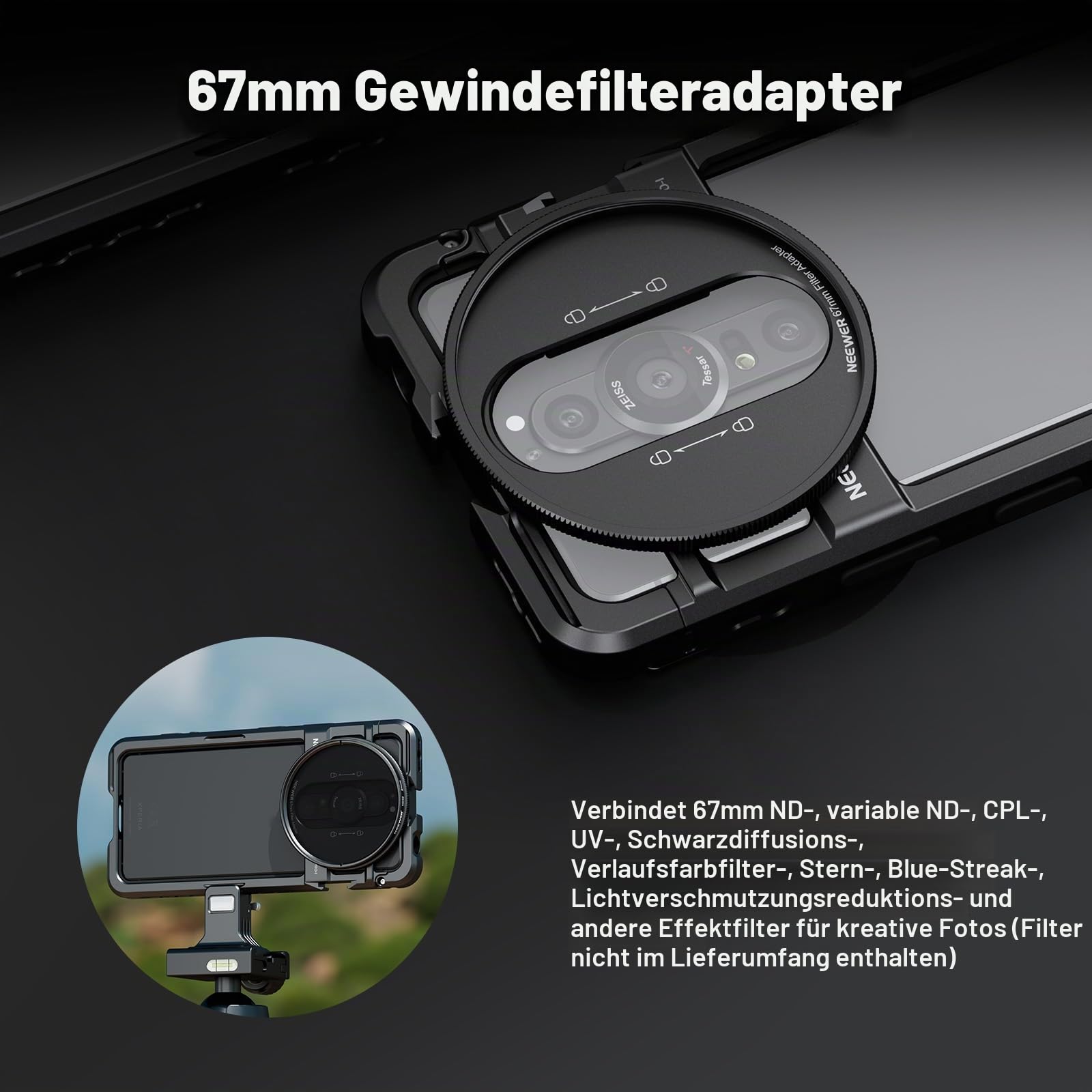 NEEWER Xperia PRO-I Käfig, Schnellwechsel Video Rig Hülle Telefon Stabilisator Halter für Filmaufnahmen, 67mm Filteradapter & 17mm/T Mount Objektivplatte, Kompatibel mit Sony Moment, PA086