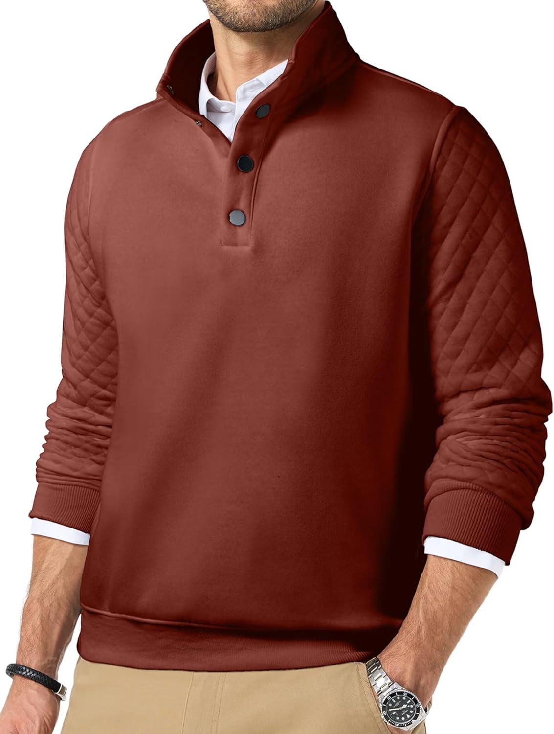 Dokotoo Men Quilted Sweatshirts for Men Quarter Button Pullover Sweater Casual Mock Neck Thermal Fleece Pullover Sweatshirt