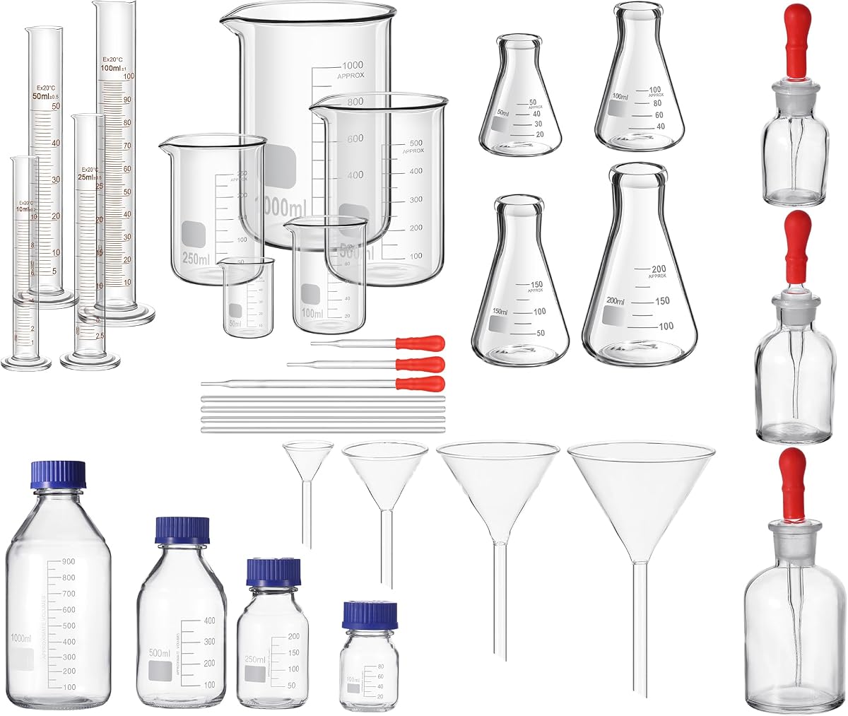 31 Pcs Lab Glassware Set Include Measuring Beakers Cylinders Erlenmeyer Flasks Dropper Bottle Media Bottles Glass Stirring Rods Dropper Funnels for Science Chemistry Equipment Supplies