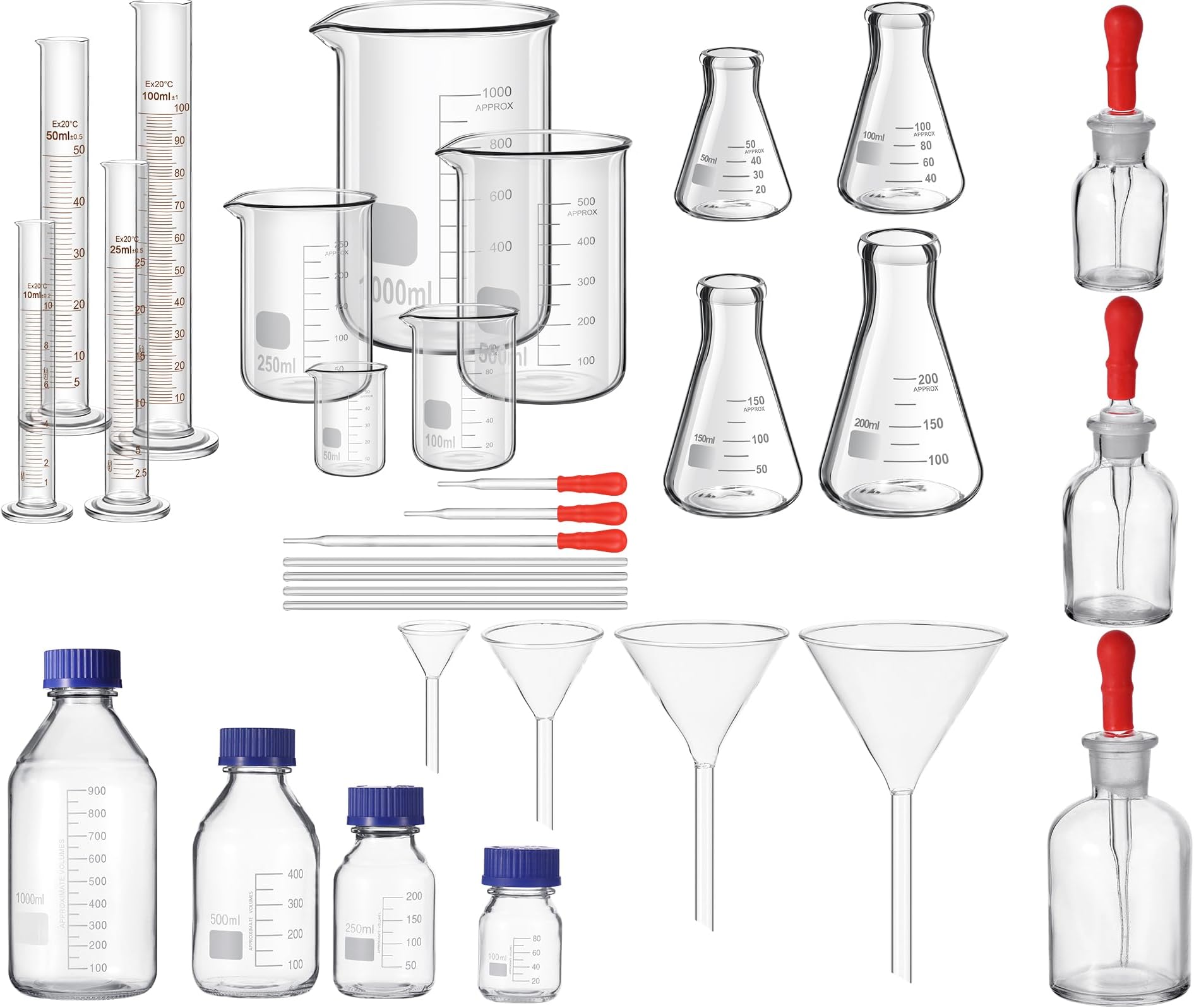 31 Pcs Lab Glassware Set Include Measuring Beakers Cylinders Erlenmeyer Flasks Dropper Bottle Media Bottles Glass Stirring Rods Dropper Funnels for Science Chemistry Equipment Supplies
