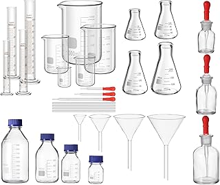 31 Pcs Lab Glassware Set Include Measuring Beakers Cylinders Erlenmeyer Flasks Dropper Bottle Media Bottles Glass Stirring Rods Dropper Funnels for Science Chemistry Equipment Supplies