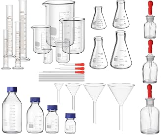 31 Pcs Lab Glassware Set Include Measuring Beakers Cylinders Erlenmeyer Flasks Dropper Bottle Media Bottles Glass Stirring Rods Dropper Funnels for Science Chemistry Equipment Supplies