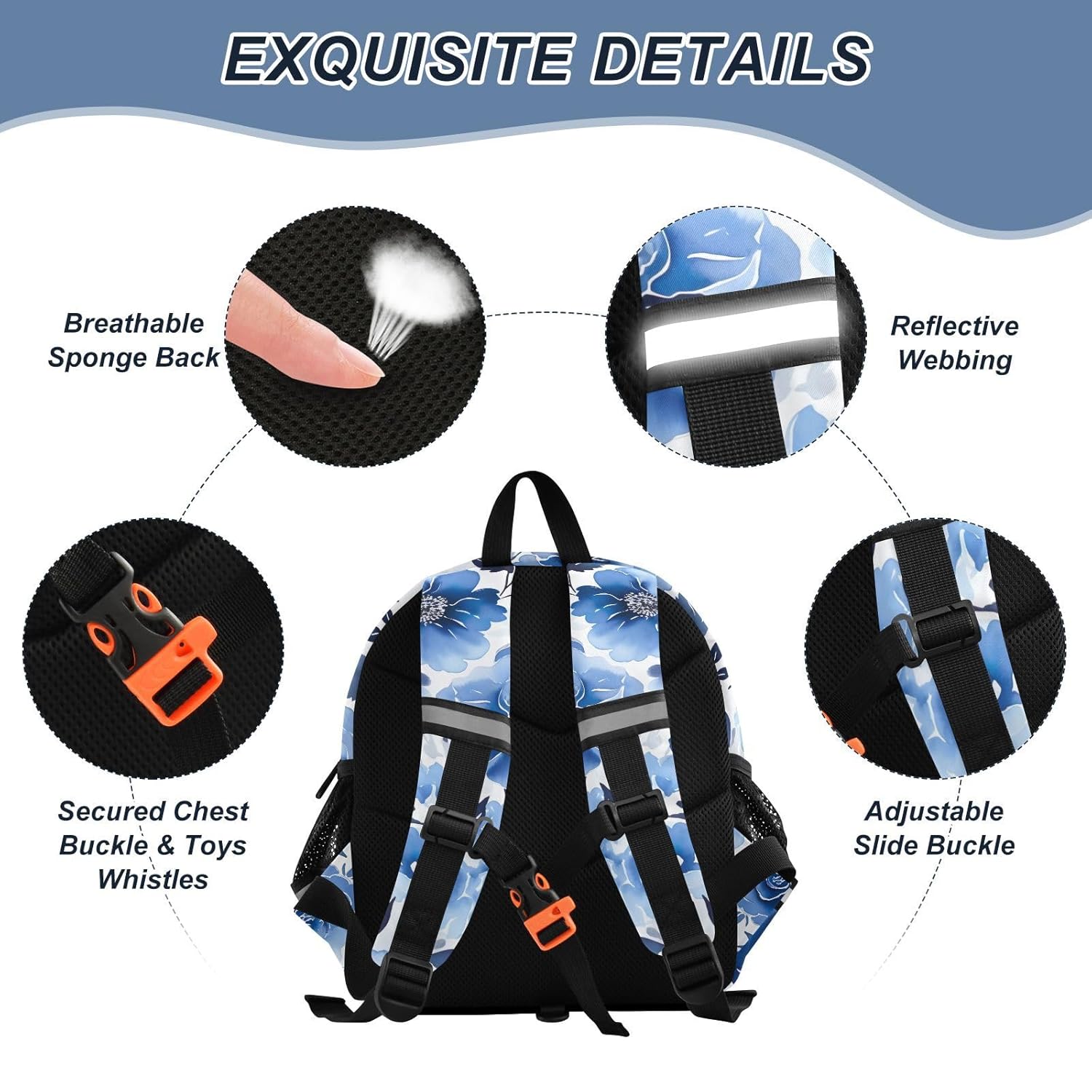 Watercolor Painting Flowers Blue Toddler Harness Backpack for Boys Girls 3-6 Years Kids Backpack with Anti Lost Safety Leash Baby Travel Bag for Walking Preschool Travel