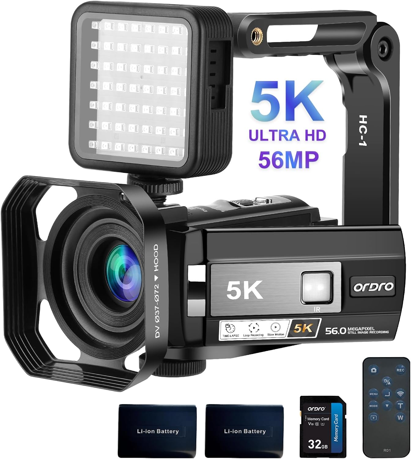 ORDRO 5K Video Camera Camcorder, 56MP UHD WiFi IR Night Vision Vlogging Camera for YouTube, 18X Digital Zoom Touch Screen Vlog Camera with External IR Night Light, Lens Hood, Stabilizer, 2 Batteries