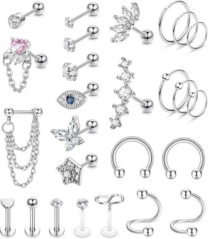 YADOCA Hypoallergenic Conch Piercing Jewelry 16G Helix Tragus Daith Piercing Jewelry Conch Earring Cartilage Earrings for Women Men CZ Stud Hoop Earring 316L Stainless Steel 26 Pcs