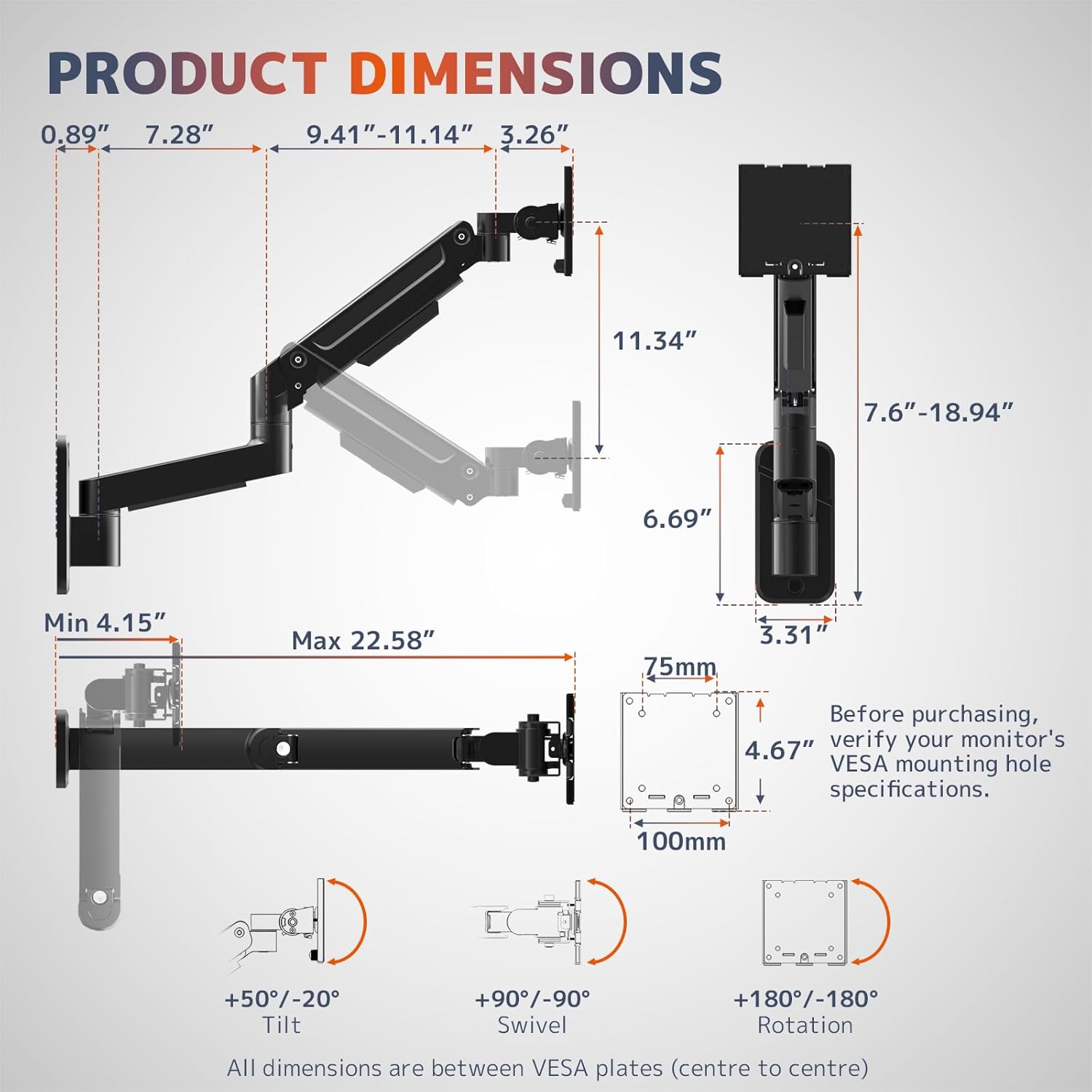 Diagram showing product dimensions, VESA plate measurements, and tilt, swivel, and rotation ranges.