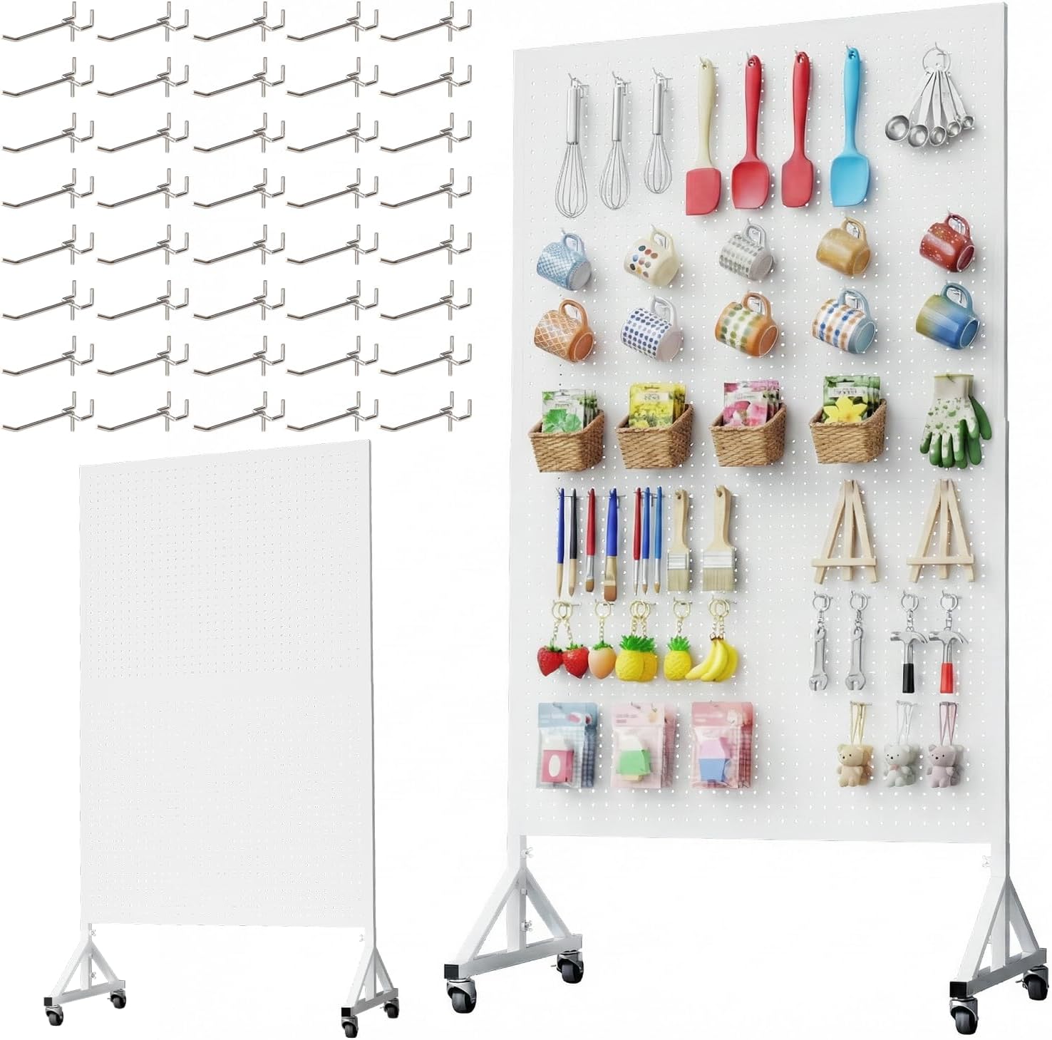 Metal Pegboard Display Stand 3.5 x 5.5 Feet, Adjustable Height with 40 Peg Board Hooks and Wheels, Pegboard Display Rack, Craft Display Rack, Retail Display Rack, Garage Peg Board