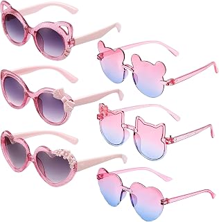 JATEBI 6 Pairs Girls Sunglasses Kids - UV400 Protection Cute Toddler Glasses for Aged 3-12, Lovely Cartoon Sunglasses Bulk for Summer Beach Pool Party Birthday Gift Set