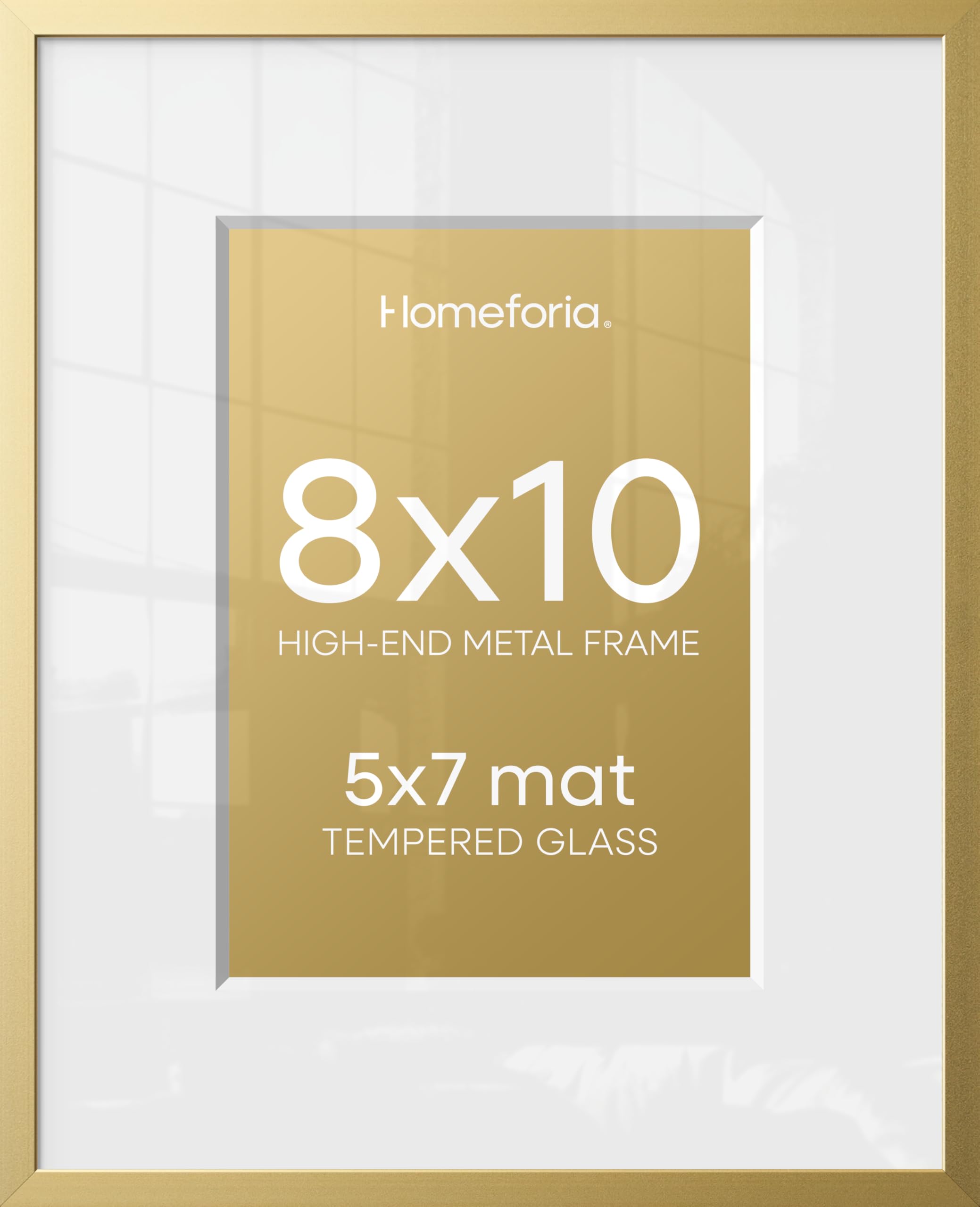 Homeforia 8x10 Gold Picture Frame, High-End Metal, 5x7 Mat, Glass | High End Aluminum, Tempered Glass, Acid-Free 5x7 Removable Mat, 8x10 in Edge-to-Edge Display 10x8, Wall Kit, Set Of 4