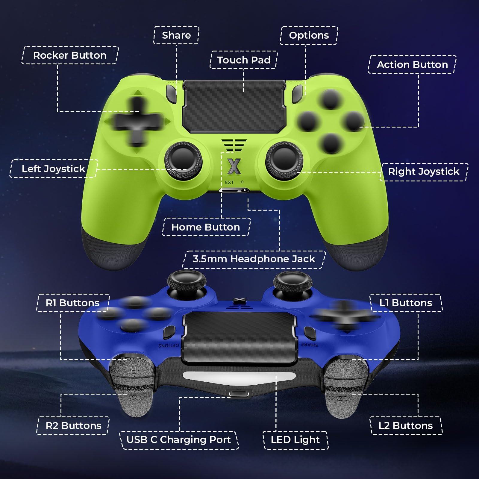 Satevol 2 Pack Controller Wireless, Controller di gioco compatibile con P4/Pro/Slim/PC,Gamepad Joystick per P4 con Pulsante Turbo/Posteriore/Doppia Vibrazione/6 Assi Giroscopio