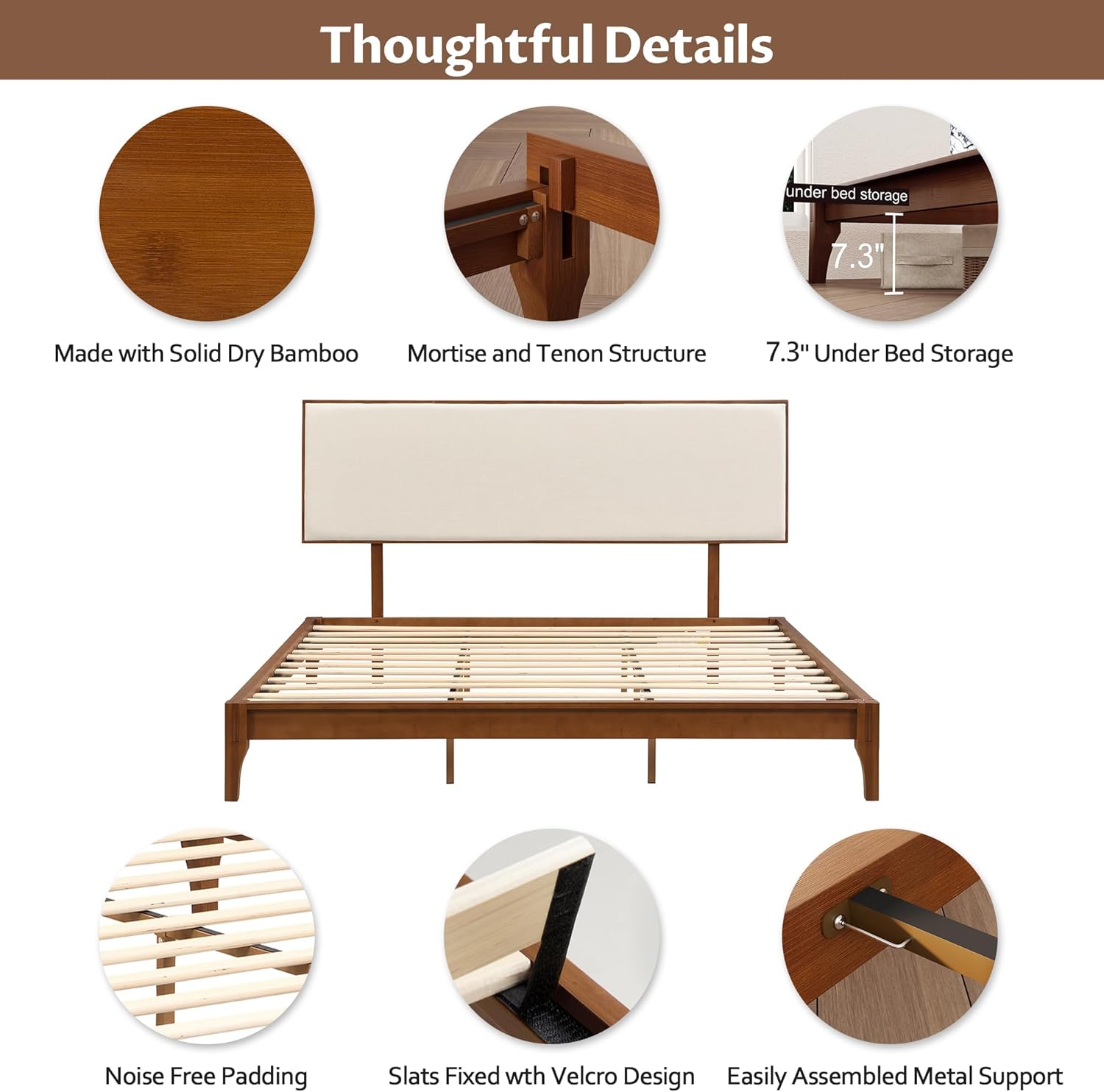 GDFStudio 12 Inch King Size Solid Dry Bamboo Platform Bed Frame with Adjustable Bamboo Headboard, Natural Texture, Mortise and Tenon Assembly, No Box Spring Needed, Noise-Free, Brown