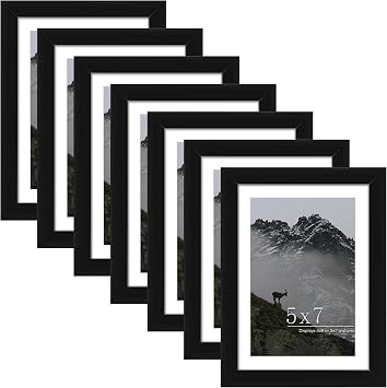Picrit 5x7 Picture Frame Set of 7, Display 5x7 with Mat or 4x6 Without Mat, Photo Frames for Wall Mounting or Table Top Display, Black