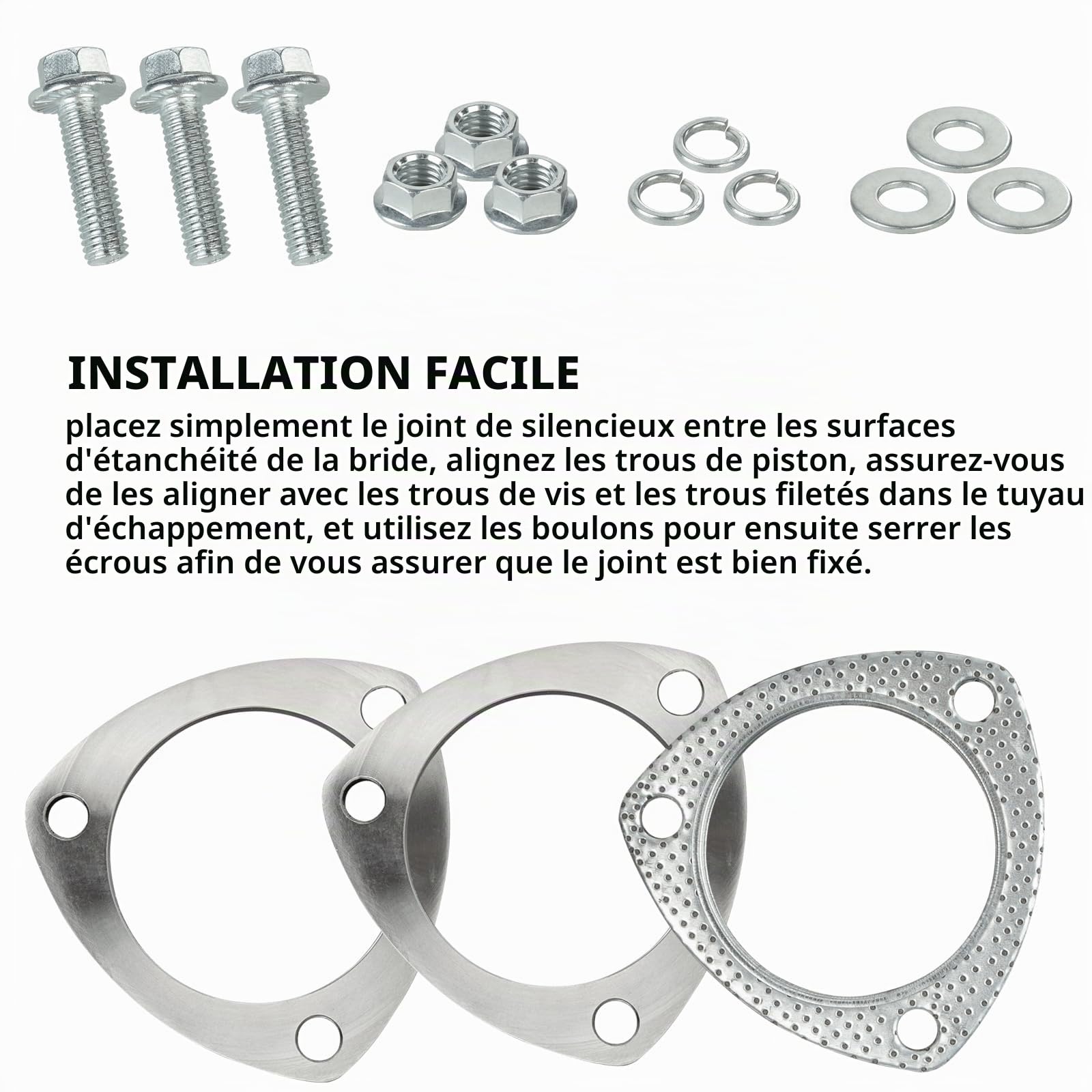 Kit Bride Échappement 76mm (3") Inox - 2 Brides + Joint | 6 écrous hexagonaux & 6 rondelles. Inox résistant rouille/chaleur. Pour turbo, intercooler & catalyseur.