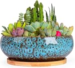 ARTKETTY Pots sucants - 7.5 Poitrine de grande taille avec bac en bambou, pots de bonsai peu profonds avec drainage, planteur en céramique pour les plantes intérieures, cactus, décoration de bureau à domicile