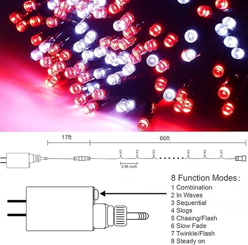 Vista 64 de HOME LIGHTING Guirnalda de 200 luces LED de 66 pies, luz patriótica del 4 de julio con 8 modos de iluminación, mini luces enchufables para Rojo