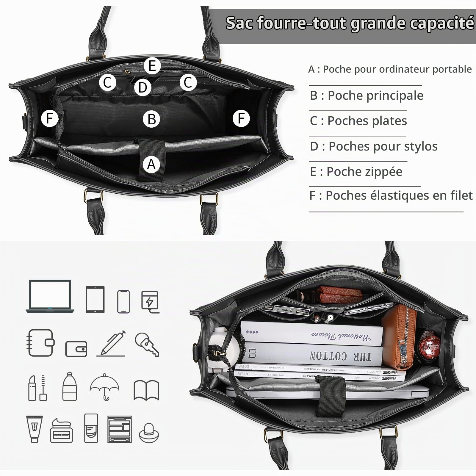 NUBILY Sac Cabas à Main Similicuir Grand Capacité Sac Ordinateur Femme Imperméable Sac de Cours Lycée Sacoche Porté Epaule Bandoulière Sac Rigide Documents A4 Sac Fourre Tout Noir