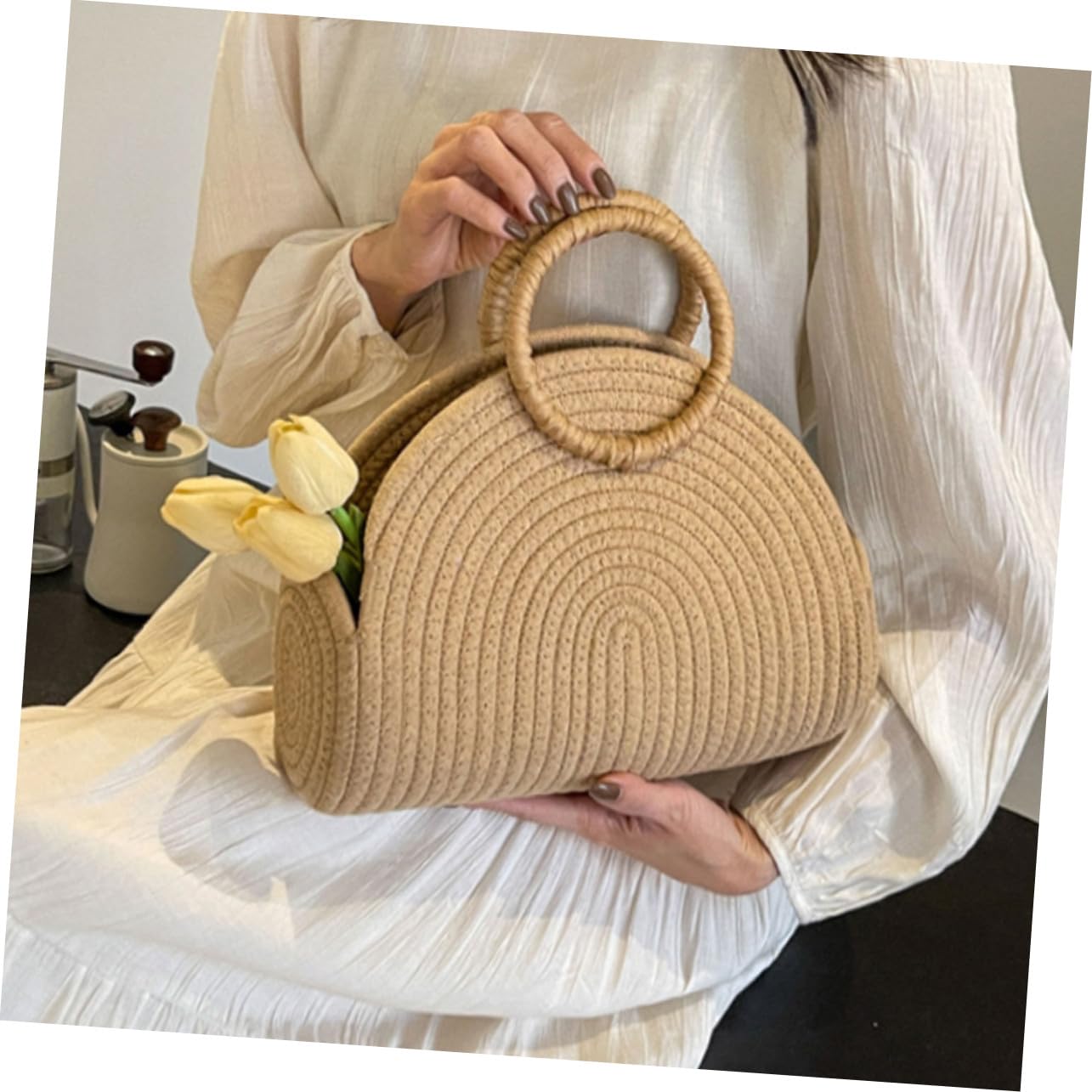 Abaodam Borsa in Corda di Cotone Intrecciata a Mano Texture Delicata, Capiente e Portatile, Stile Rustico per Picnic e Spiaggia Khaki