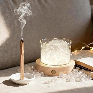 Quartz Crystals Lamp with Wooden Base & Palo Santo for Energy Cleansing, Spiritual Gift for Women, Chakra Light for Meditation Reiki Yoga Birthday Healing Crystals Home Office Decor Bedroom
