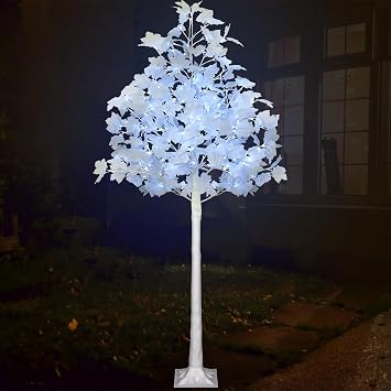 VIVATREES 5FT 96LED Lighted Maple Tree with White Leaves, Dual-Tone Lights Cold & Warm White, Artificial Tree for Home, Festival, Party Indoor and Outdoor