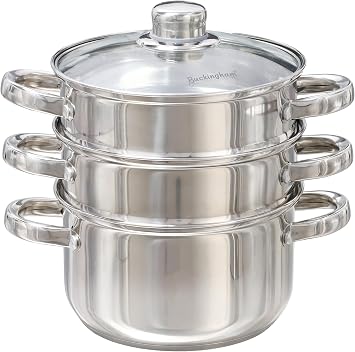 Buckingham 3 Tier Premier Steamer Set with Glass Lid Polished Mirror Finish Stainless Steel Ideal for Steamer Cooking Induction Compatible