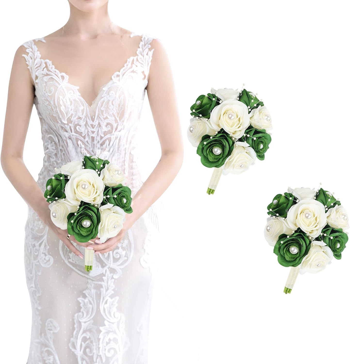 Wedding Bridesmaid Bouquet Set of 2 - Artificial Flowers Bouquets for Bridesmaids Pre-Made 7 Inch Faux Small Floral Bouquets Bridal Shower, Wedding, Ceremony, Anniversary - Emerald Green & White Emerald Green & White 2PCS