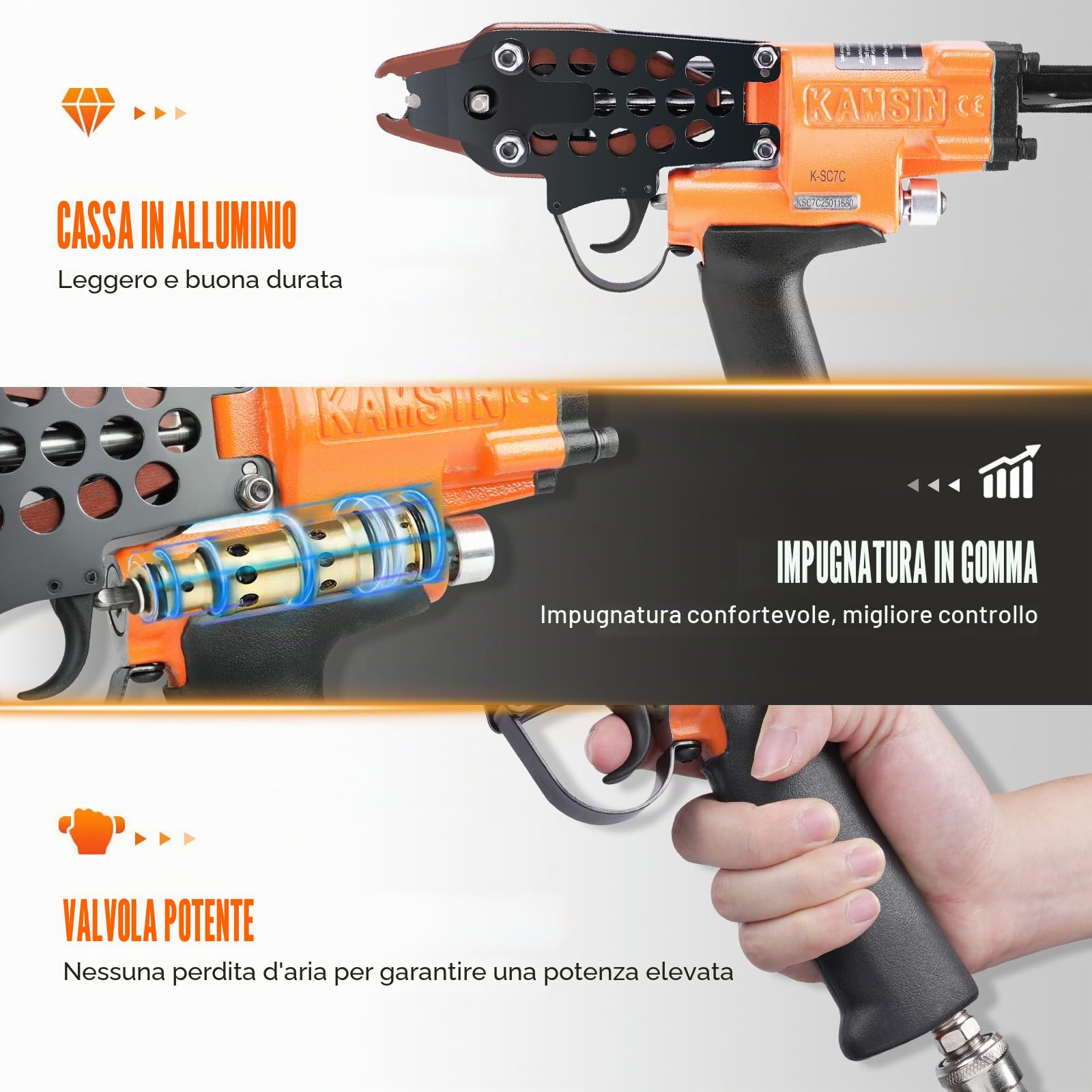 K-SC7C Pistola pneumatica ad anello di porco da 15 gauge Corona da 3/4” Diametro di chiusura 4,8 mm Cucitrice ad anello di porco Pistola ad anello di porco Cucitrice ad anello di C | Chiusura 4,8mm, corona 19mm, caricatore acciaio 125 chiodi, 70-100 PSI,