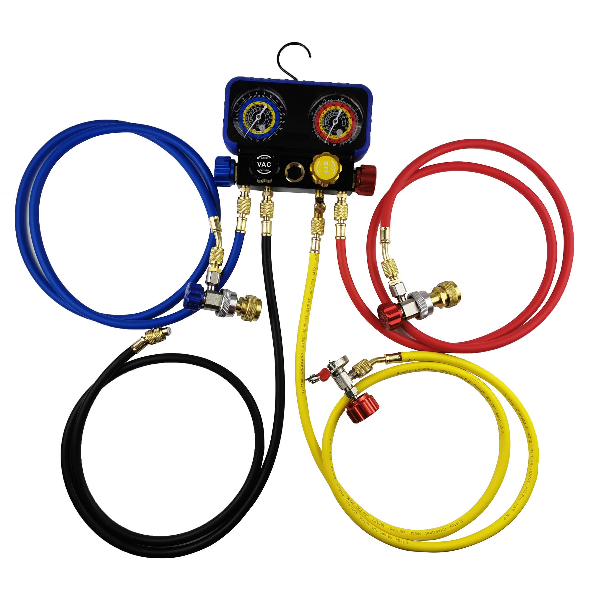 Ensemble de jauge de collecteur de climatisation R1234YF R134A - 4 valves - Jauge de collecteur compatible avec les réfrigérants R1234YF R134A et R404A