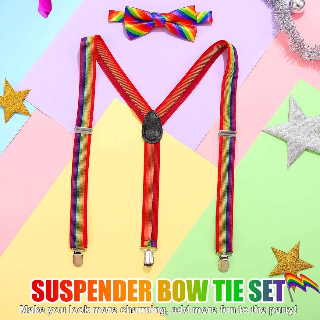 Zoestar Rainbow Suspenders Bow Tie Set Pride Suspender and Bowties Colorful Costume Accessories for Men and Women