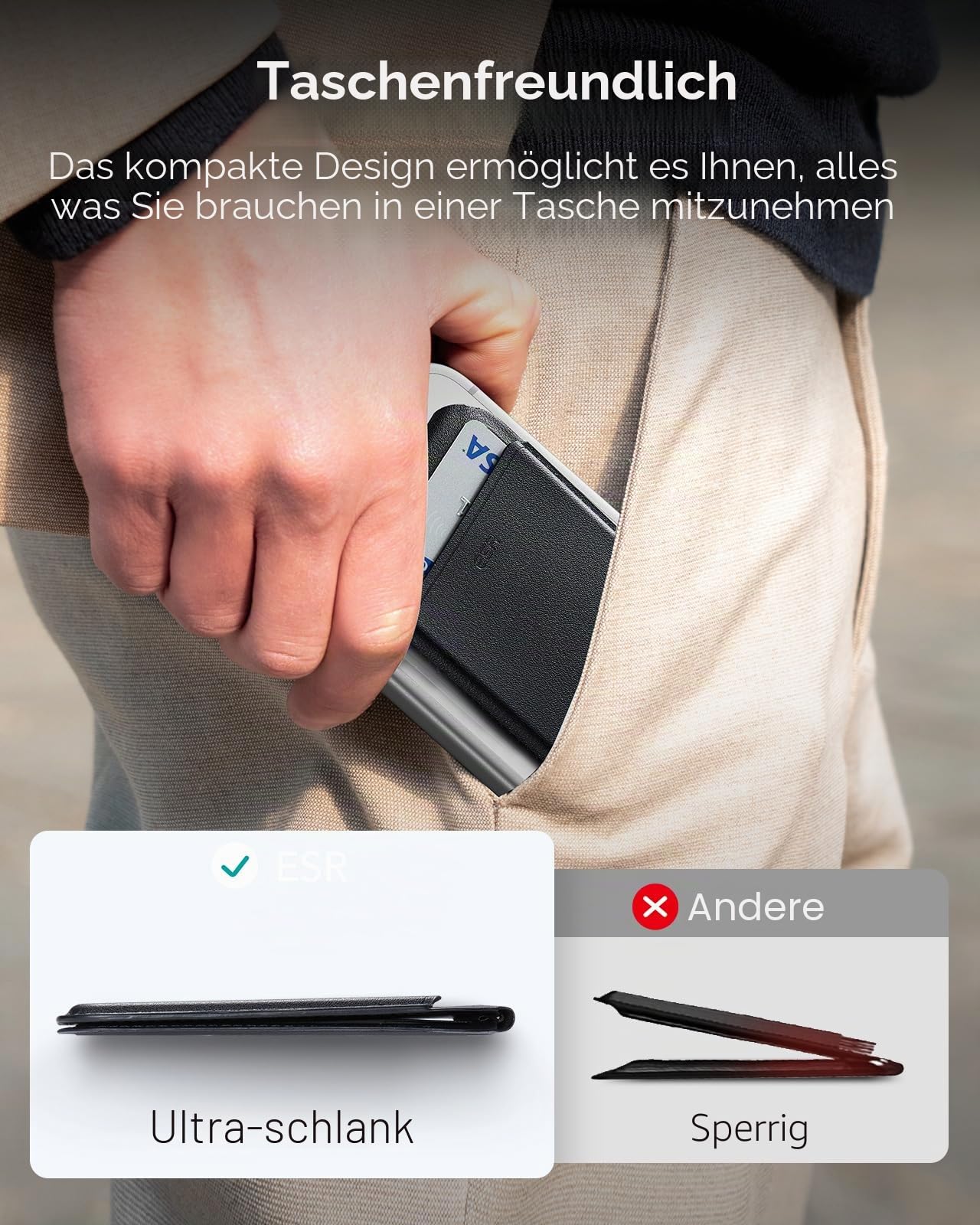 ESR mit MagSafe Wallet, 5 Kartenhalter, RFID-Schutz, für Magsafe Geldbörse mit Ständer, Wallet für iPhone 17e/17/16/15/14/13/12-Serie und Ausgewählte Samsung Geräte, Nicht für 13/12 Mini, Schwarz | Aufgerüstet für MagSafe Wallet
