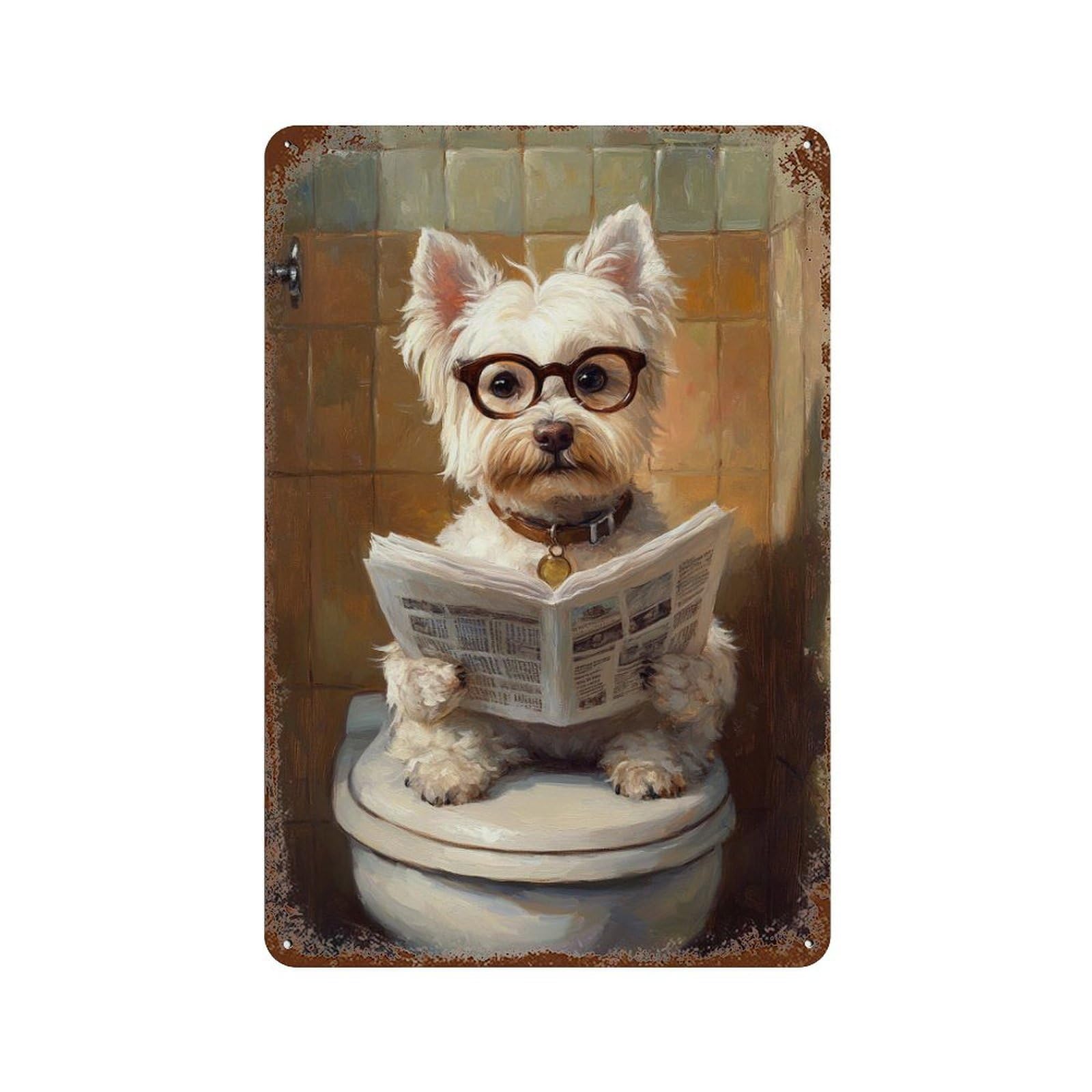 Dog Reading Newspaper on Toilet-67 Vintage Rust Metal Sign 11.8"x7.9", Shabby Chic Decor for Shed, Workshop And Garage Wall Decor
