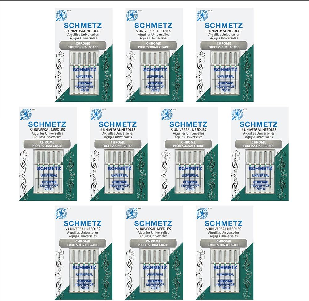 50 Schmetz Chrome Universal Sewing Machine Needles - Size 70/10 - Box of 10 Cards